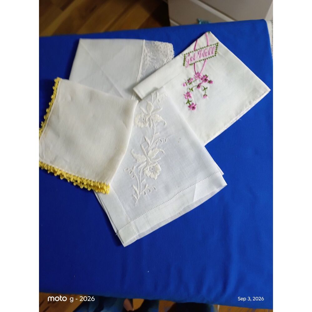 Vintage Hand Embroidered Hankies Set of 4 Floral Crochet Lace Trim Linens